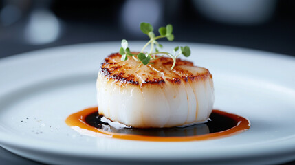 A single perfectly seared scallop on a pristine white plate, garnished with microgreens and a delicate sauce