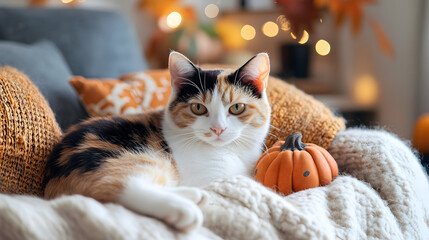 Calico Cat on Pumpkin-Themed Pillow and Blanket