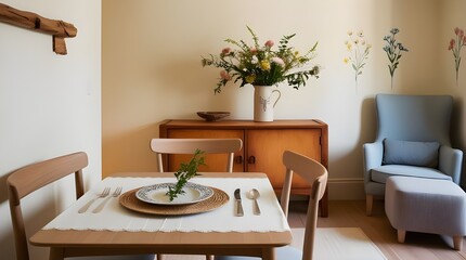 Elegant dining room in Scandinavian design, complete with a table and chairs for a warm breakfast or dinner setting.