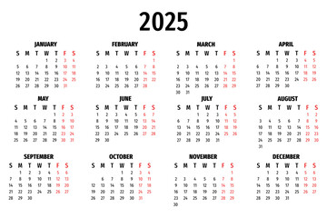 Calendar for 2025. Layout of the calendar. 2025.