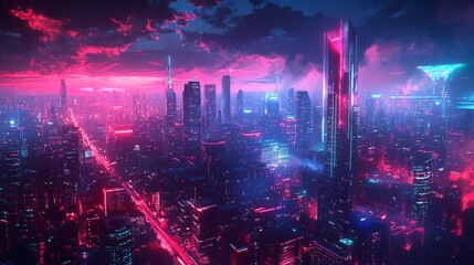 Naklejka premium Neon Skyline: Chrome Cityscape - Futuristic Digital Artwork