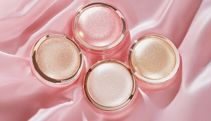 Elegant cosmetic jars with shimmering highlighters on soft pink fabric, perfect for beauty and skincare presentations.