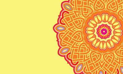 rangoli ornament placed on one side of the image, Yellow and orange tone on solid yellow background.eps
