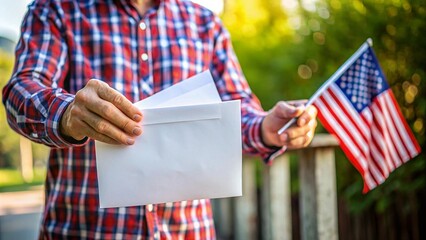Man Holding Envelope and American Flag During Voting Process