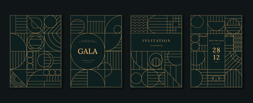 Naklejki Luxury invitation card background vector. Elegant classic antique design, gold lines gradient on dark green background. Premium design illustration for gala card, grand opening, art deco.