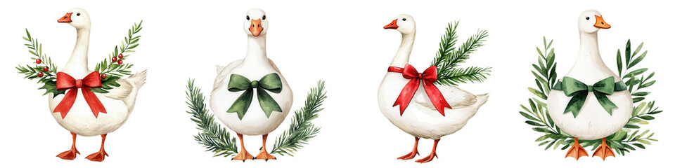 Watercolor Christmas Farm, Four festive geese adorned with holiday wreaths and bows, Christmas decorations and seasonal designs. Isolated set on PNGs transparent background