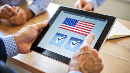 Voting on Tablet with American Flag on Digital Ballot