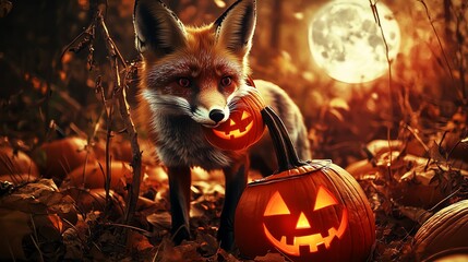 Fototapeta premium A charming fox holding a pumpkin, set against a spooky Halloween backdrop with a full moon and autumn leaves.