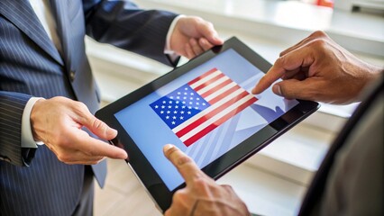  Two Businessmen Discussing Election Results on Tablet with American Flag