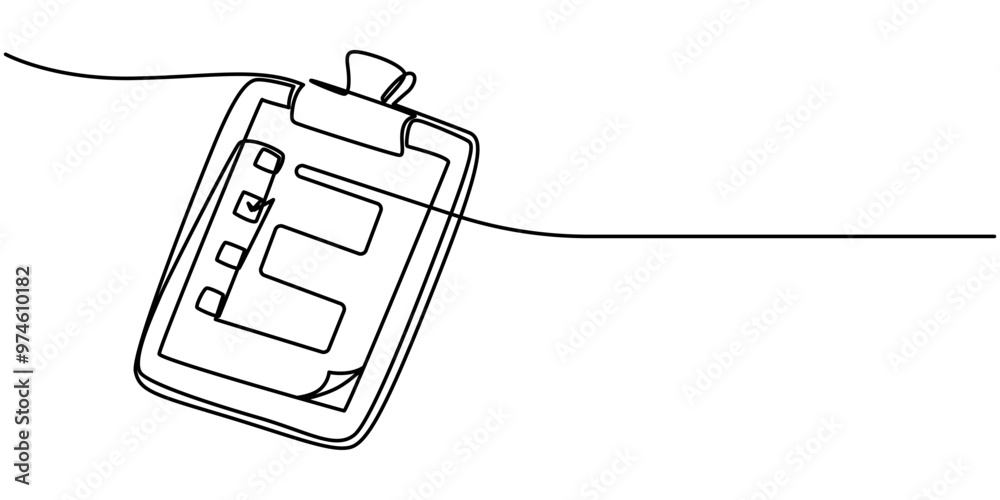 Poster one continuous line drawing of clipboard with checklist. isolated on white background, clipboard wit