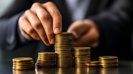 A close-up of a businessperson stacking golden coins, illustrating wealth building and financial growth in a corporate environment.