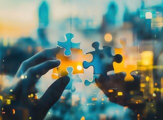 A photo of diverse business people holding puzzle pieces together, symbolizing collaboration and teamwork for success in the corporate world.