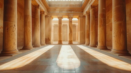 Majestic ancient columns basking in warm sunlight within a grand, historic temple at dawn. Generative AI