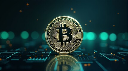 A Bitcoin emblem on a computer microchip with a blurred backdrop of gold, green, and blue lighting and bubbles