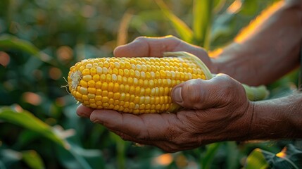 Farmer's hands holding a fresh corn cob in a field.