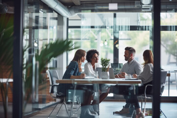  Diverse group of professionals engaged in a serious discussion at a brightly lit modern office table.