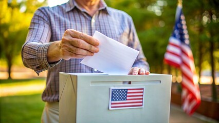 Voter Casting Ballot into Box with American Flag