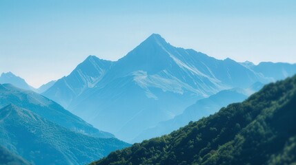 Majestic Mountain Serenity, a summer landscape featuring soft, blurred mountains under a bright, clear sky, evoking tranquility and natural beauty.