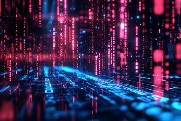 Abstract tech dark background featuring flowing binary code and neon elements, creating a futuristic digital atmosphere.