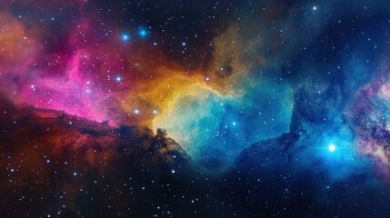 Fototapeta premium Vibrant Cosmic Dreamscape, an enchanting scene showcasing colorful nebulas and luminous stars, merging imaginative themes with celestial wonder and awe-inspiring beauty