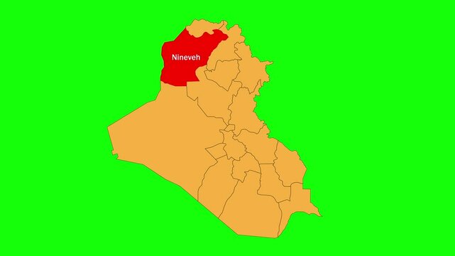Nineveh map animated video. The location is highlighted on the Iraq map. Colour map with Green screen background in video format.	

