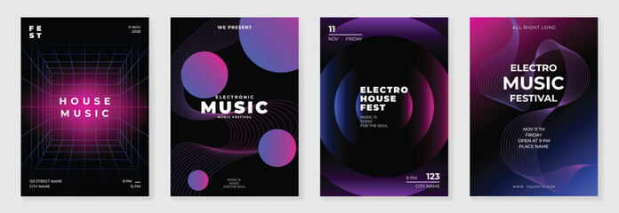 Music poster design background vector set. Electro Sound Cover template with vibrant abstract gradient line wave, geometric shape. Ideal design for social media, flyer, party, music festival, club.