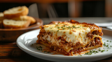Homemade Lasagna with Meat Sauce and Garlic Bread