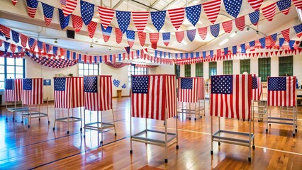Polling Station Decorated with American Flags and Patriotic Banners