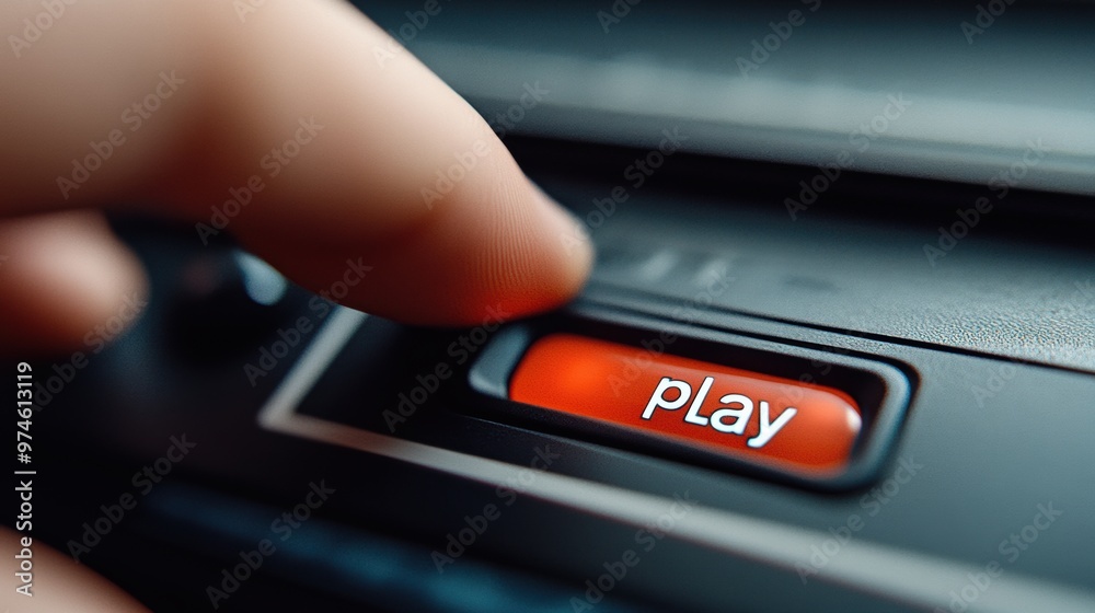 Wall mural A person pressing a button on the car radio to play, AI