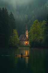 Obraz premium A man kayaking in still lake water with forest and church