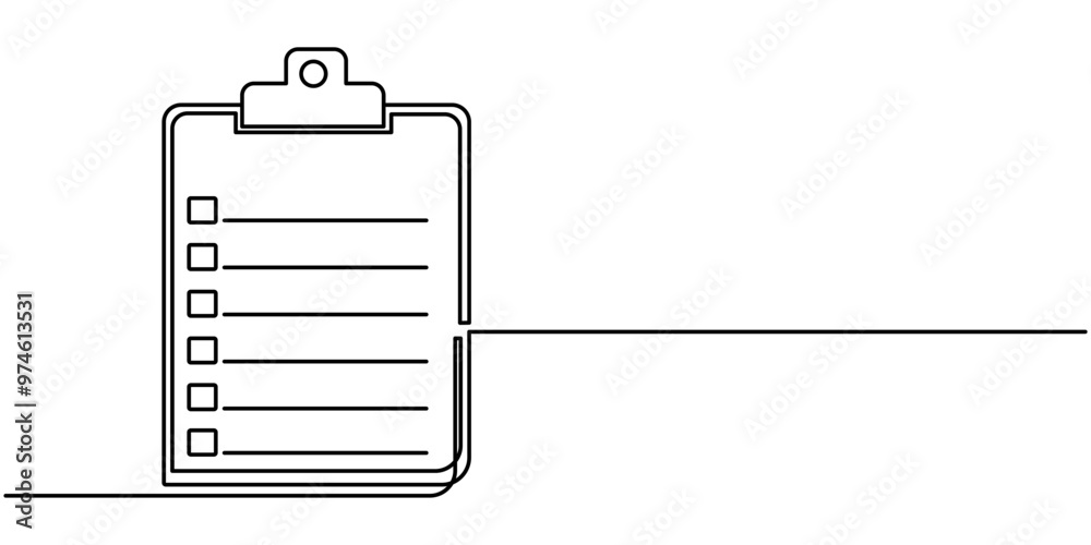 Poster one continuous line drawing of clipboard with checklist. isolated on white background, clipboard wit