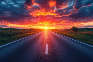 Naklejka premium expansive asphalt road stretches towards a breathtaking twilight sky vibrant hues of orange and purple paint the horizon creating a serene yet dramatic scene of open possibility