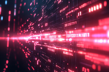 Abstract tech dark background featuring flowing binary code and neon elements, creating a futuristic digital atmosphere.