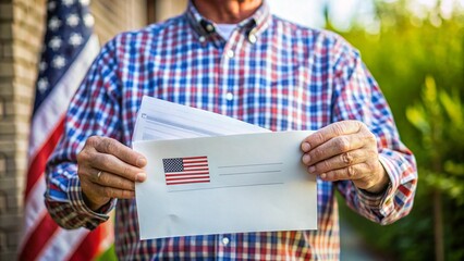 Man Holding Mail-In Ballot Envelope with American Flag
