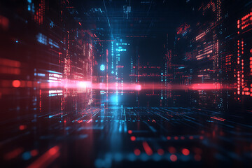 Obraz premium Abstract tech dark background featuring flowing binary code and neon elements, creating a futuristic digital atmosphere.