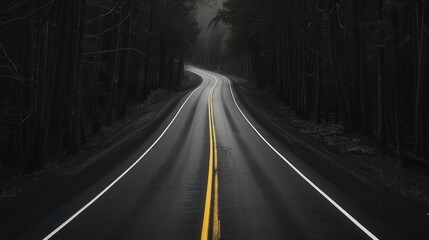 Fototapeta premium Mysterious Pathway Through Enigmatic Woods, a winding road shrouded in shadows, surrounded by towering trees, inviting exploration into the depths of an ancient forest.