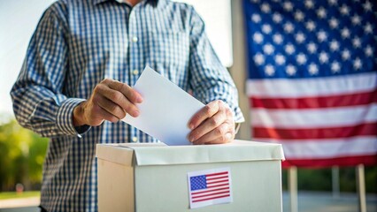 Voter Dropping Ballot in Box with American Flag in Background