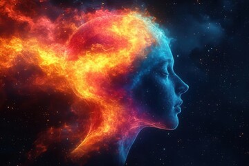 exploding rainbow brain colorful neural pathways bursting from human head silhouette creative energy particles abstract mind expansion concept