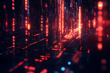 Abstract tech dark background featuring flowing binary code and neon elements, creating a futuristic digital atmosphere.