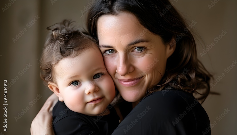 Wall mural heartwarming embrace between a mother and her baby in a black shirt