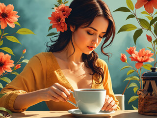Poster-art style illustration of a beautiful woman having a cup of coffee in the morning, flowers here and there.