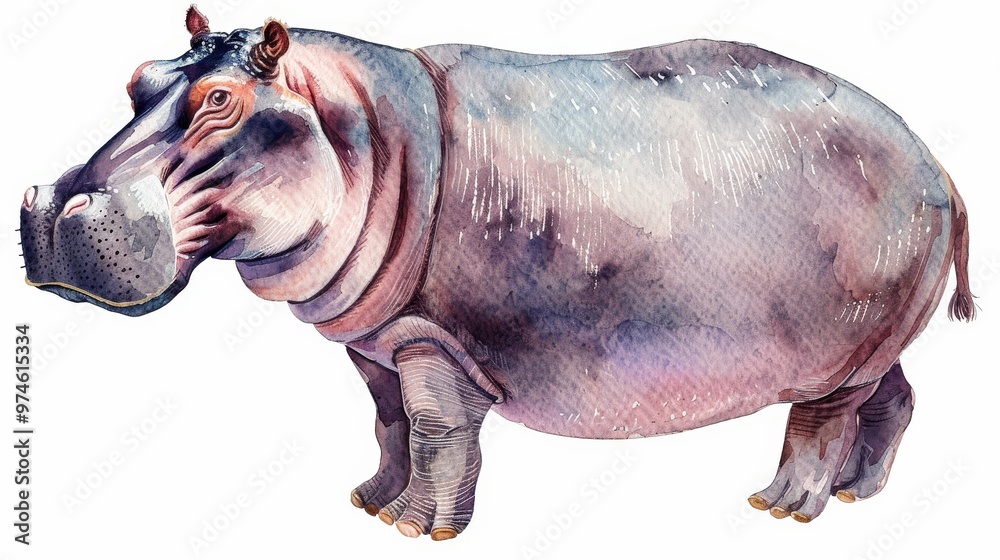 Wall mural whimsical hippo illustration, a charming watercolor depiction of a curious hippopotamus in soft past