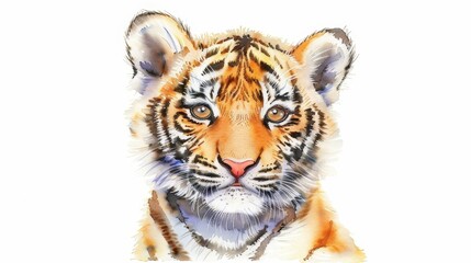 Fototapeta premium Playful Tiger Cub Illustration, vibrant stripes, charming expression, ideal for children's clothing, bright colors against a white backdrop, ample space for text integration