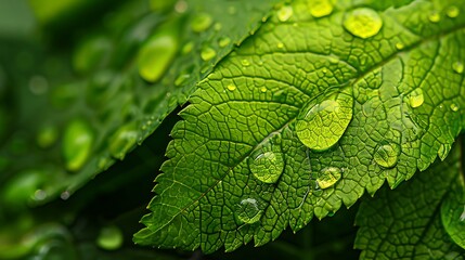 Fototapeta premium Fresh Green Leaf with Water Droplets: A Detailed Macro Shot Highlighting Nature’s Purity, Freshness, and Environmental Beauty