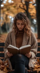 Obraz premium A woman reads a book on a park bench surrounded by autumn leaves in the afternoon light