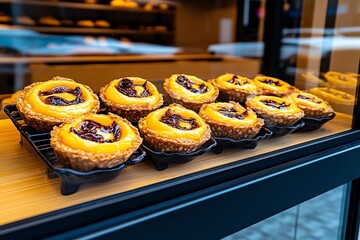 A classic Portuguese bakery window displaying a selection of delicious pastÃ©is de nata