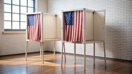 Voting Booths Draped with American Flags in Empty Polling Station