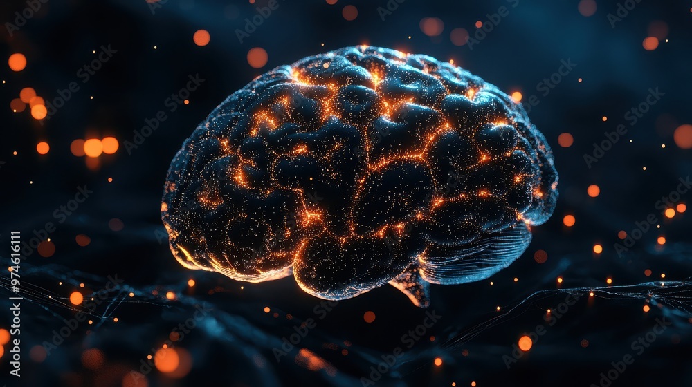 Poster minimalist 3d brain model with glowing synapses, representing intelligence and reasoning, dark backg