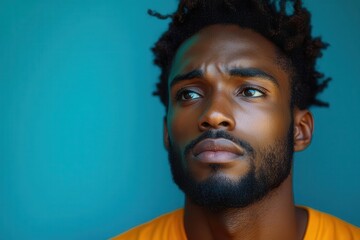Obraz premium expressive portrait of a perplexed african american man in a vivid orange top set against a bold blue background with ample negative space