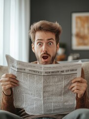 Naklejka premium Man in Living Room Looking Surprised at Newspaper, Homey Atmosphere 